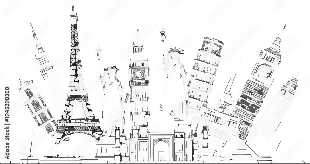 Fototapeta premium Stylized monochrome illustration of world landmarks in a collage with varied angles