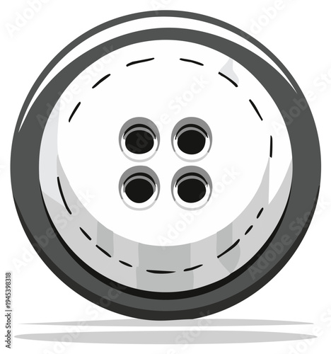 Cartoon button with four holes, gray, white, and black, illustration