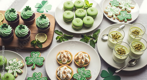 St patrick's day dessert table with green cupcakes and treats