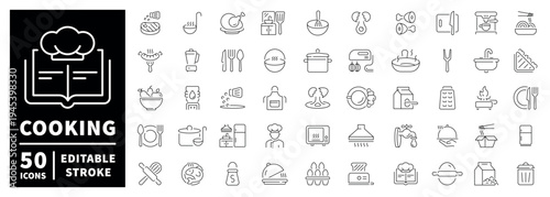 Cooking outline icon set: editable stroke thin line kitchen tools and food symbols