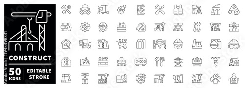Construction line icon set with editable stroke in modern outline style