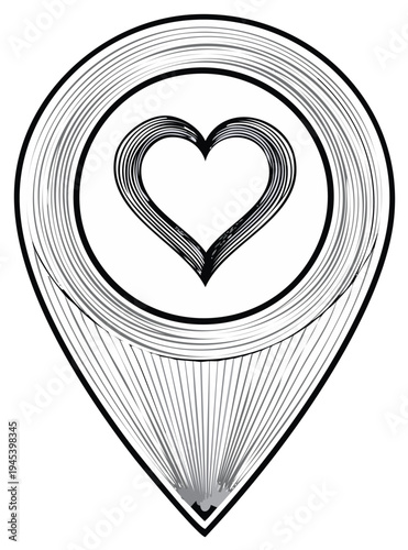 Artistic line art illustration of a location pin with a heart symbol, representing a loved place or travel destination.