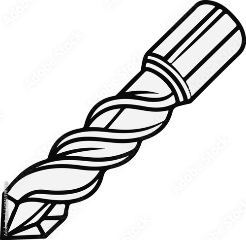 Stylized black and white illustration of a twist drill bit