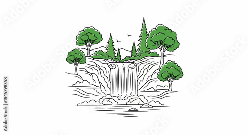 Stylized illustration of a waterfall cascading through a lush forest scene