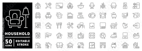 Household outline icon set. editable stroke thin line style for home and appliance symbols