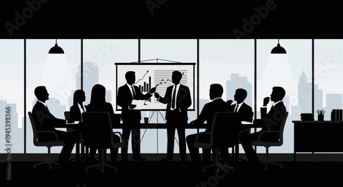 Business team discussing strategies in modern office with city view