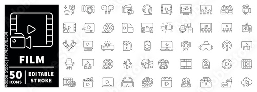 Film and cinema outline icon set with editable stroke in modern thin line style