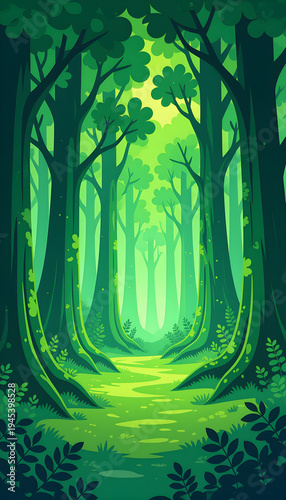 Vibrant green forest featuring tall trees and a winding path, illuminated by soft light, showcasing a tranquil and lush natural environment