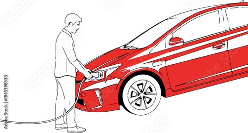 Stylized illustration of a person plugging in a red electric car