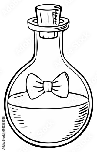 Whimsical potion bottle with bow, stylized vintage drawing for fantasy and magic themes