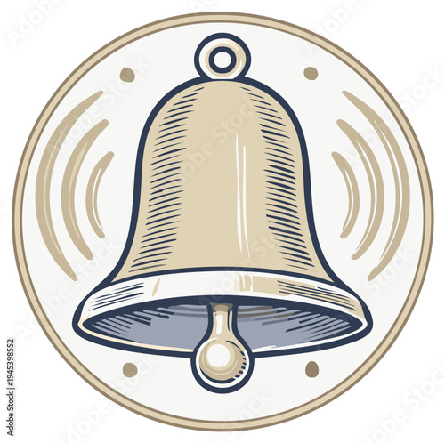 Illustration of a vintage handbell ringing with sound waves emanating from it.