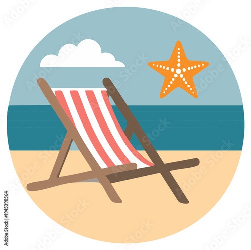 Beach Relaxation Icon Featuring Deck Chair and Starfish on a Summer Ocean Backdrop