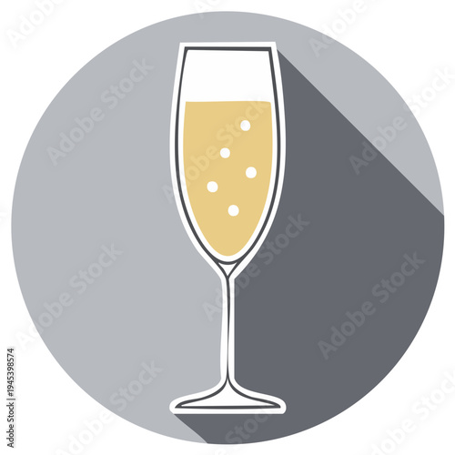 Elegant champagne flute icon with sparkling golden beverage and bubbles in flat design style