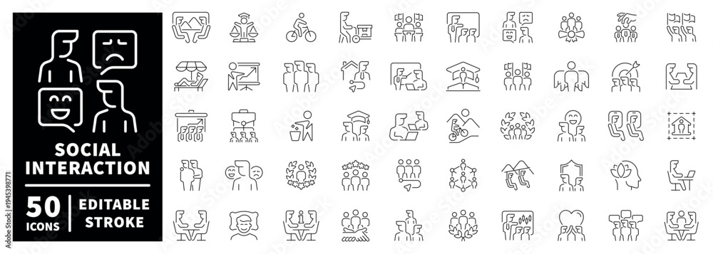 Fototapeta premium Social interaction outline icon set with editable stroke in linear thin line style