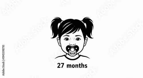 Stylized black and white illustration of a toddler's face with pigtails and a pacifier, age noted below