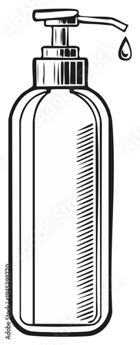 Hand drawing of a liquid soap dispenser with a drop falling from the nozzle