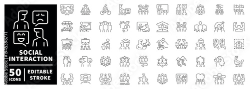 Social interaction outline icon set with editable stroke in linear thin line style