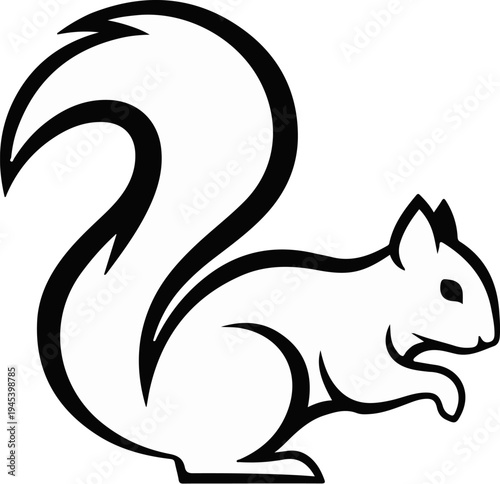 Stylized black and white outline illustration of a squirrel with a bushy tail