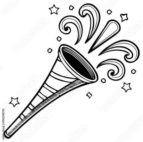 Party horn with confetti and stars in doodle style vector illustration