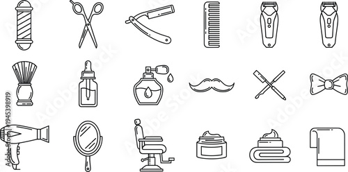Professional Barbershop Icon Set Featuring Scissors Razors Hair Clippers and Grooming Tools for Hair Salon Branding and Mens Beauty Care