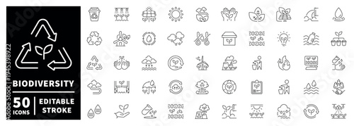 Biodiversity outline icon set with editable stroke in thin line style for environmental concepts