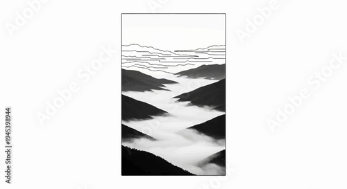 Stylized grayscale mountain valley shrouded in mist, with abstract horizon lines