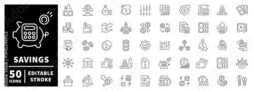 Savings icons set: editable stroke outline icons in thin line style for financial concepts