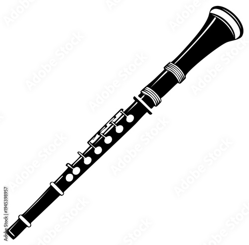 Elegant black and white clarinet woodwind instrument musical graphic illustration