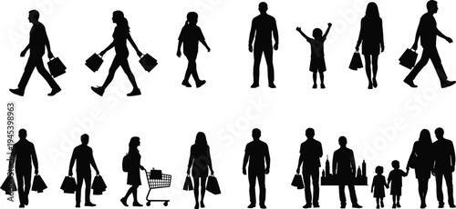 Silhouette of People Shopping and Walking Set of Diverse Men Women and Children Carrying Bags and Pushing a Shopping Cart