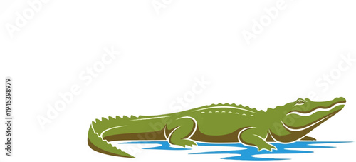 Stylized green alligator resting in blue water, rendered with bold outlines