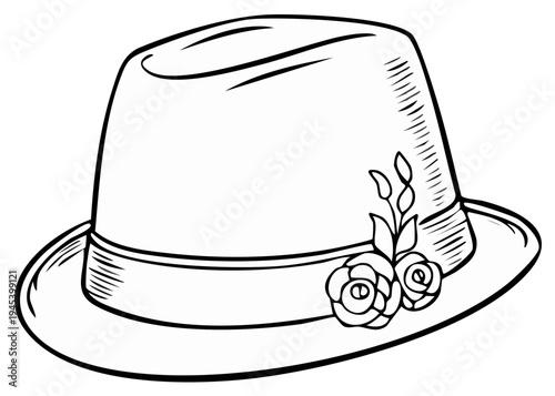 Elegant fedora hat with floral embellishment drawn in a classic sketch style