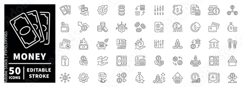 Money outline icon set: editable stroke, thin line financial symbols for business