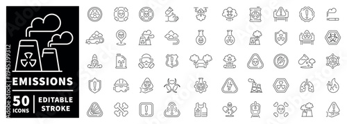 Emissions outline icon set with thin line and editable stroke for environmental awareness