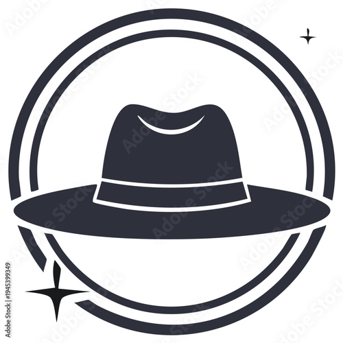 Stylish fedora hat within a clean double circle design featuring subtle star accents. Modern vector illustration.