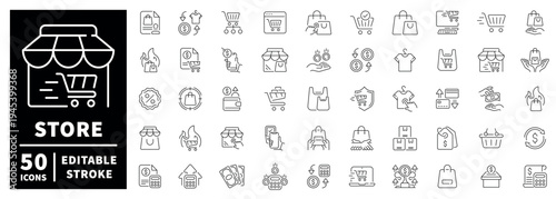 Store and shopping outline icon set: thin line, editable stroke symbols for retail and commerce