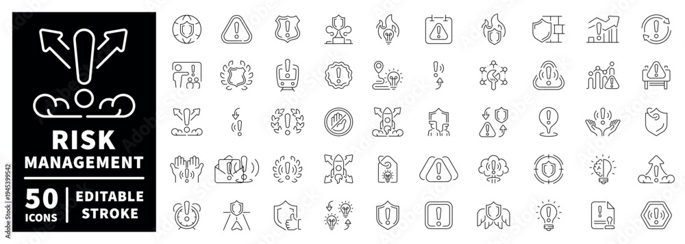 Fototapeta premium Risk management outline icon set with editable stroke in thin line style