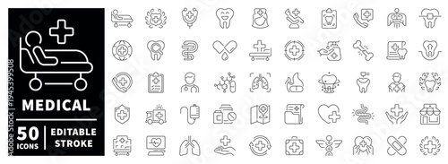 Medical outline icon set: editable stroke symbols in thin line style for healthcare concepts