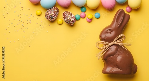 Easter sunday chocolate bunny and eggs on yellow background