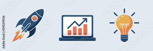 Entrepreneur startup icons with rocket and laptop – Ideal for venture capital pitch decks, startup launch, or business ideas.