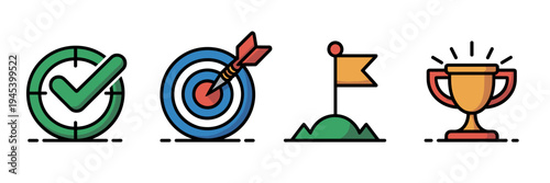 Success icons with dartboard and trophy – Great for reaching targets, business competition, or objective setting.