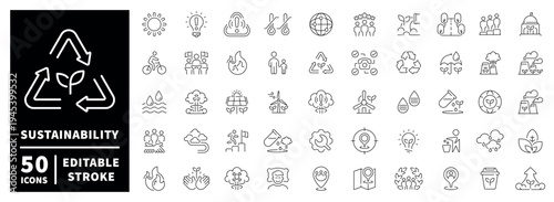 Sustainability recycling outline icon set. thin line style with editable stroke for eco-friendly concepts