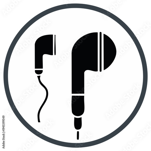 Pair of black earphones enclosed in gray circle. Music, audio, technology devices.