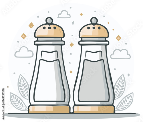 Two kitchen shakers for salt and pepper in a cartoonish flat design style