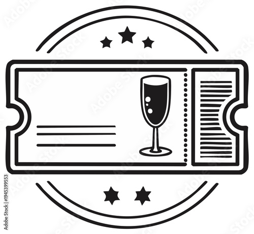 Elegant ticket design with a champagne glass and starry emblem for events and celebrations