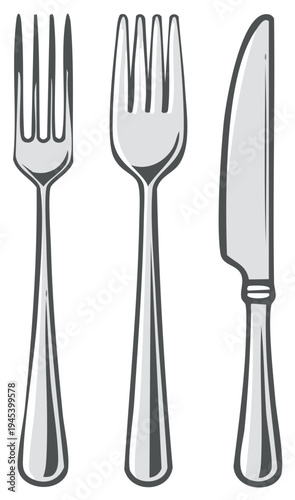 Cutlery set illustration: two forks and a knife, silverware design on a white background