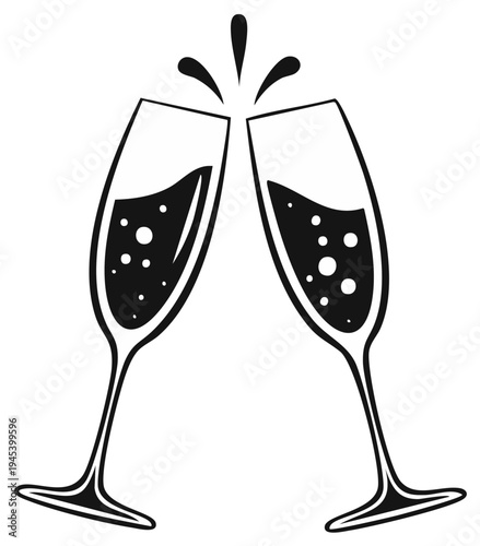 Two champagne glasses clinking together with splashing bubbles and liquid celebrating an event