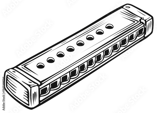 Black and white illustration of a harmonica, music instrument.