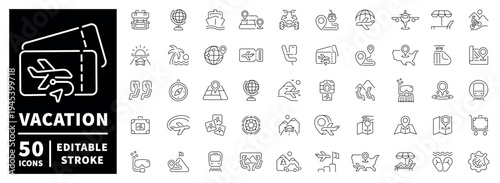 Vacation outline icon set: thin line, editable stroke symbols for travel concepts