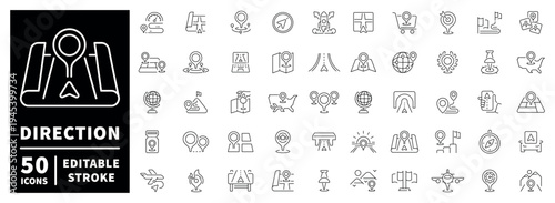 Direction outline icon set: editable stroke linear map symbols for navigation and travel