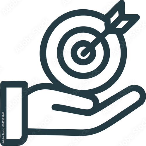Hand Holding Bullseye Target Icon, Goal Setting and Achievement Graphic, Success Strategy and Objective Symbol, vector, illustration, silhouette.